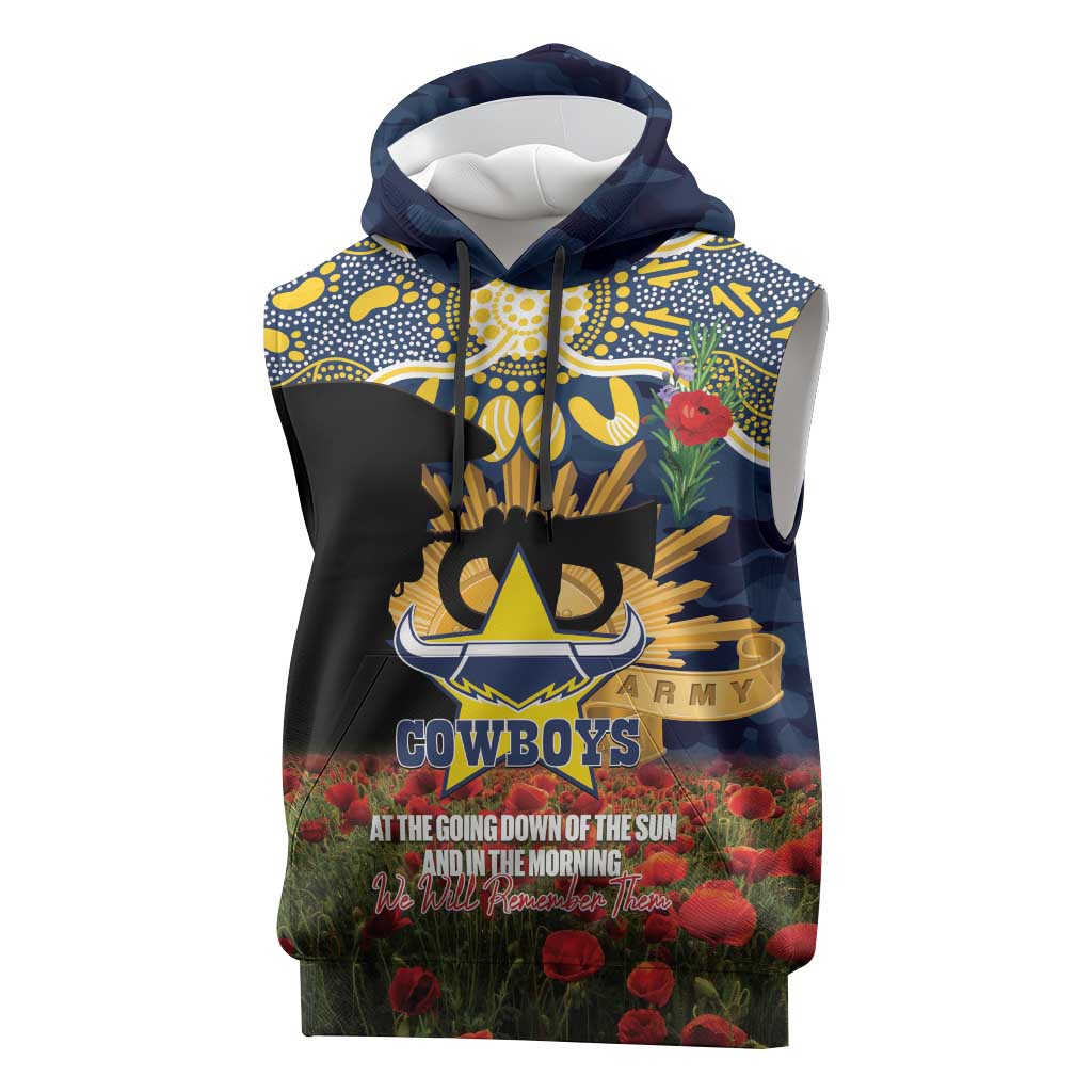 Personalised Cowboys Rugby ANZAC Day Sleeveless Hoodie Last Post Poppy We Will Remember Them