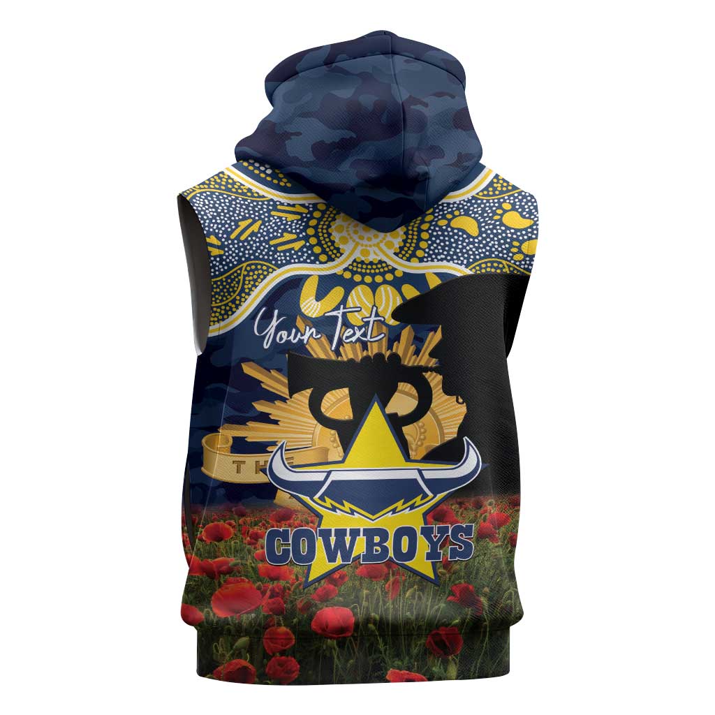 Personalised Cowboys Rugby ANZAC Day Sleeveless Hoodie Last Post Poppy We Will Remember Them