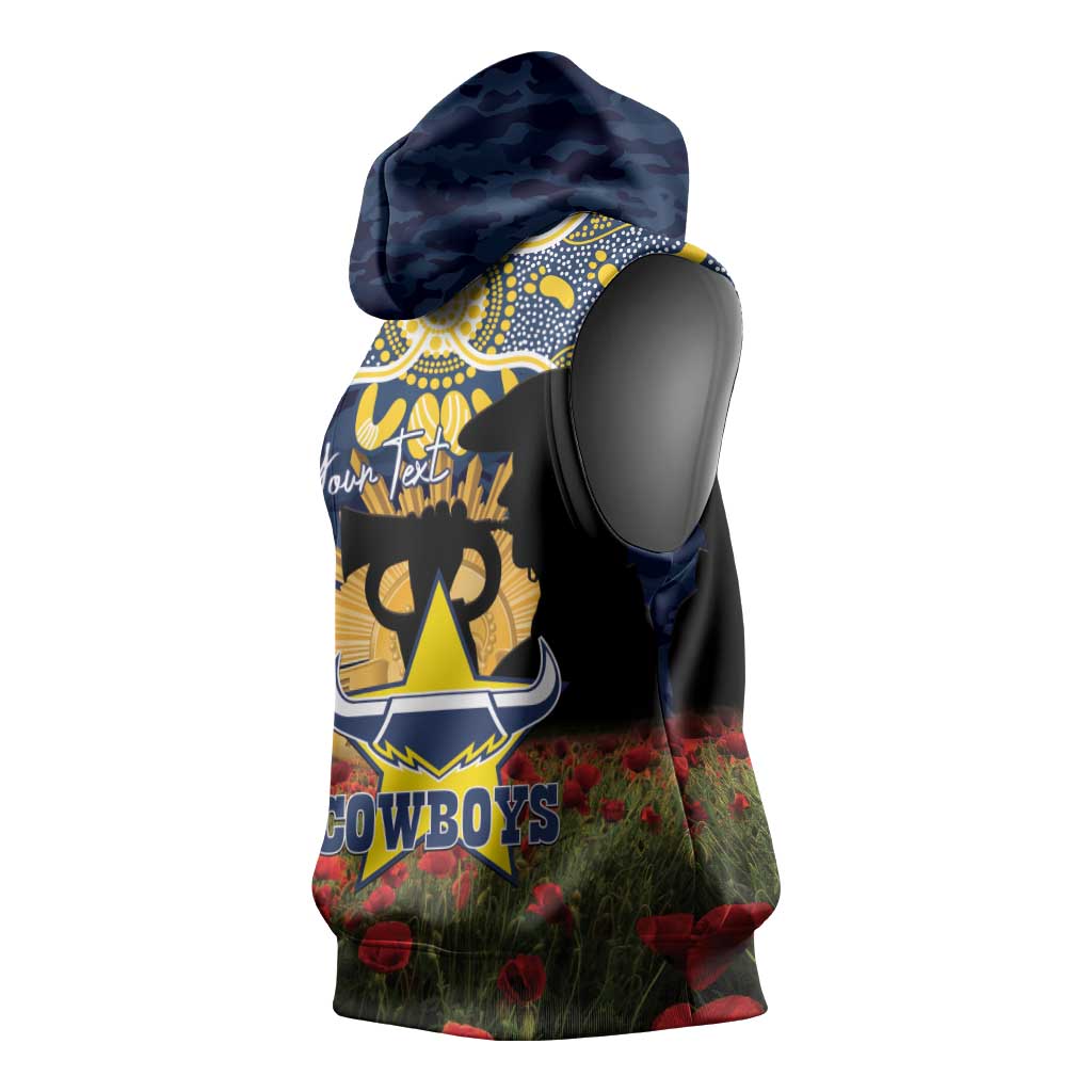 Personalised Cowboys Rugby ANZAC Day Sleeveless Hoodie Last Post Poppy We Will Remember Them