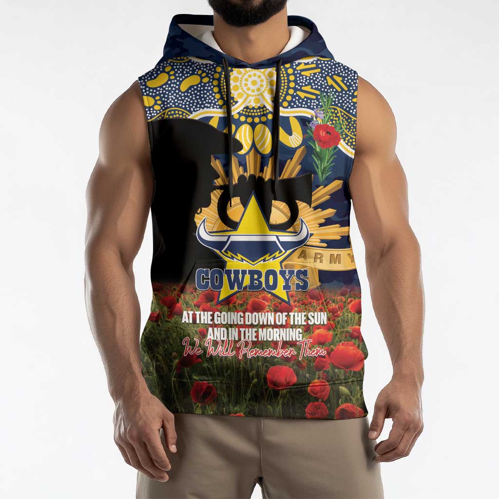 Personalised Cowboys Rugby ANZAC Day Sleeveless Hoodie Last Post Poppy We Will Remember Them