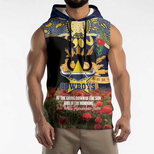 Personalised Cowboys Rugby ANZAC Day Sleeveless Hoodie Last Post Poppy We Will Remember Them