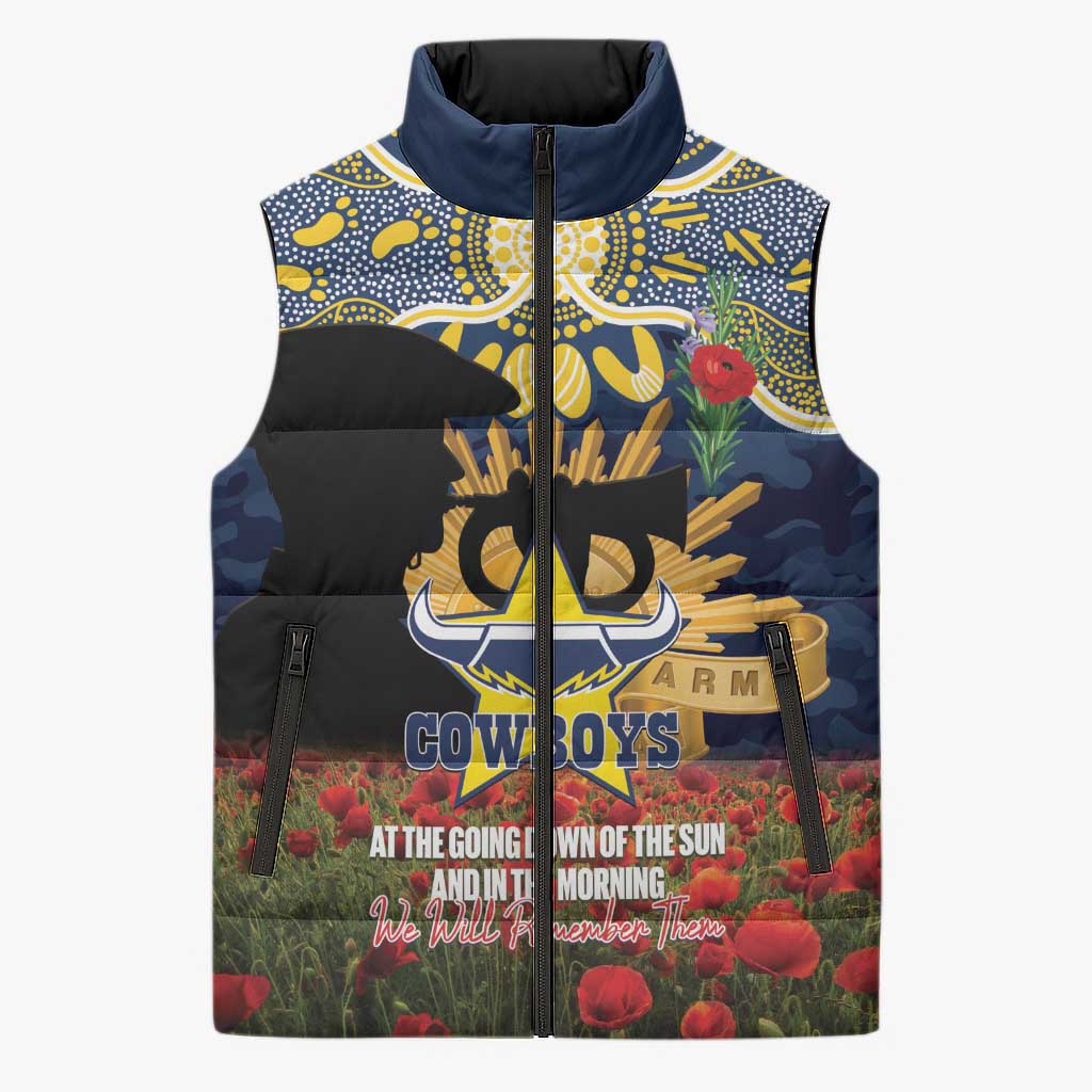 Personalised Cowboys Rugby ANZAC Day Sleeveless Puffer Jacket Last Post Poppy We Will Remember Them