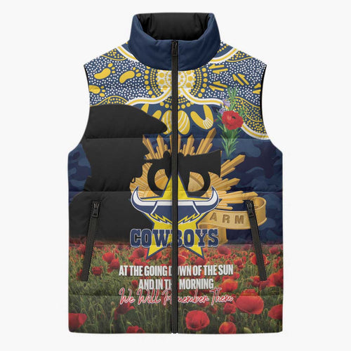 Personalised Cowboys Rugby ANZAC Day Sleeveless Puffer Jacket Last Post Poppy We Will Remember Them