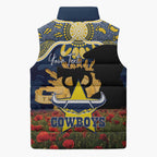 Personalised Cowboys Rugby ANZAC Day Sleeveless Puffer Jacket Last Post Poppy We Will Remember Them