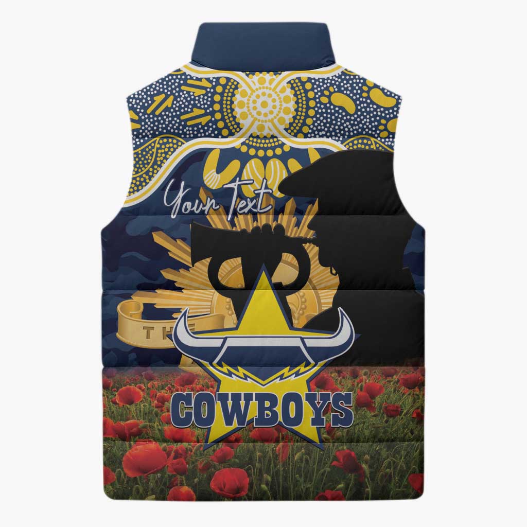 Personalised Cowboys Rugby ANZAC Day Sleeveless Puffer Jacket Last Post Poppy We Will Remember Them