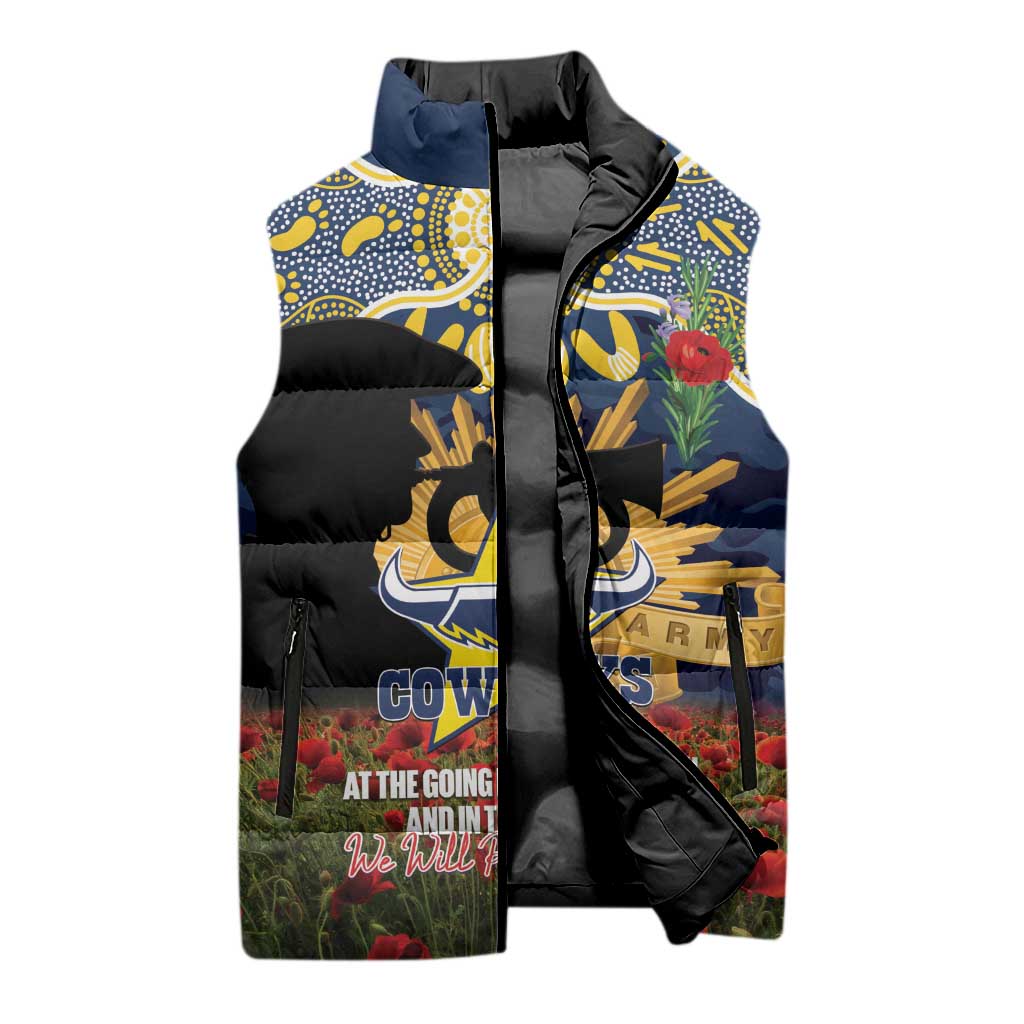 Personalised Cowboys Rugby ANZAC Day Sleeveless Puffer Jacket Last Post Poppy We Will Remember Them