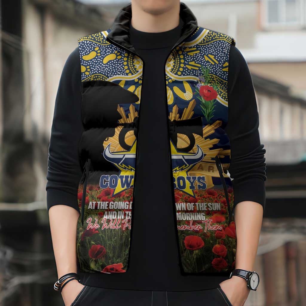 Personalised Cowboys Rugby ANZAC Day Sleeveless Puffer Jacket Last Post Poppy We Will Remember Them
