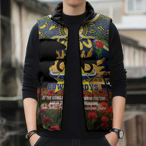Personalised Cowboys Rugby ANZAC Day Sleeveless Puffer Jacket Last Post Poppy We Will Remember Them