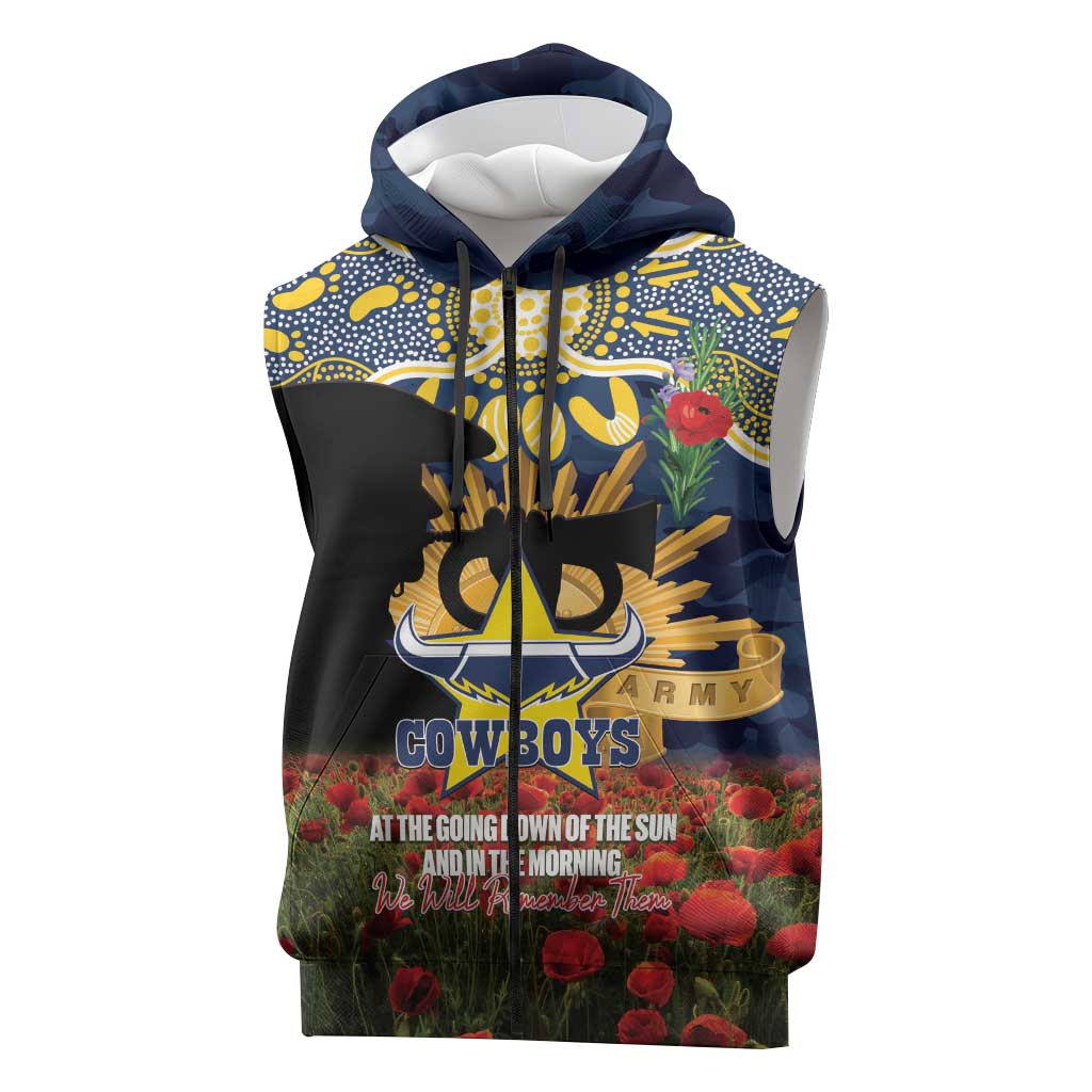 Personalised Cowboys Rugby ANZAC Day Sleeveless Zip Hoodie Last Post Poppy We Will Remember Them