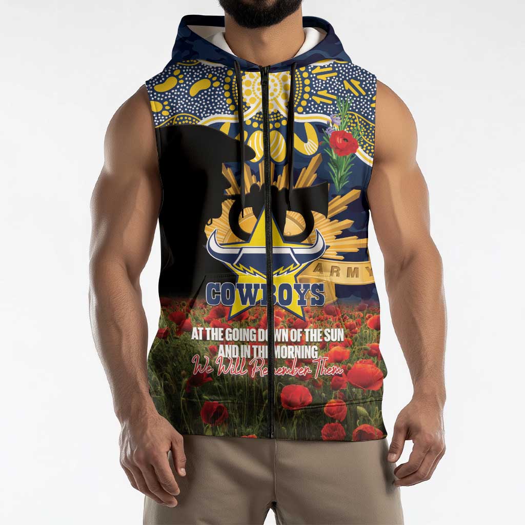 Personalised Cowboys Rugby ANZAC Day Sleeveless Zip Hoodie Last Post Poppy We Will Remember Them