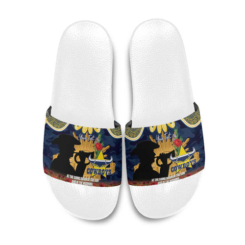 Personalised Cowboys Rugby ANZAC Day Slide Sandals Last Post Poppy We Will Remember Them