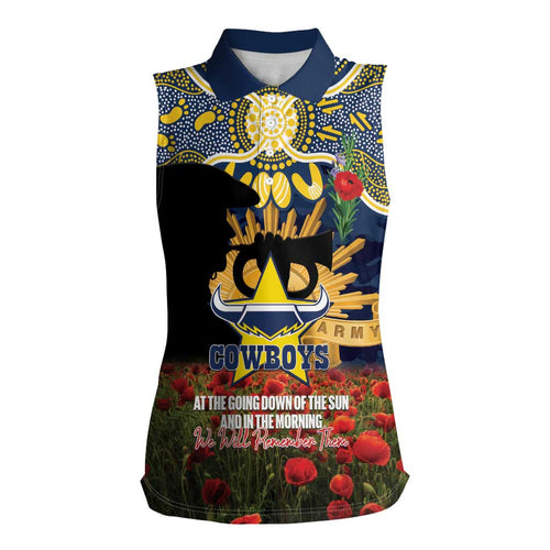 Personalised Cowboys Rugby ANZAC Day Women Sleeveless Polo Shirt Last Post Poppy We Will Remember Them