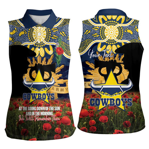 Personalised Cowboys Rugby ANZAC Day Women Sleeveless Polo Shirt Last Post Poppy We Will Remember Them