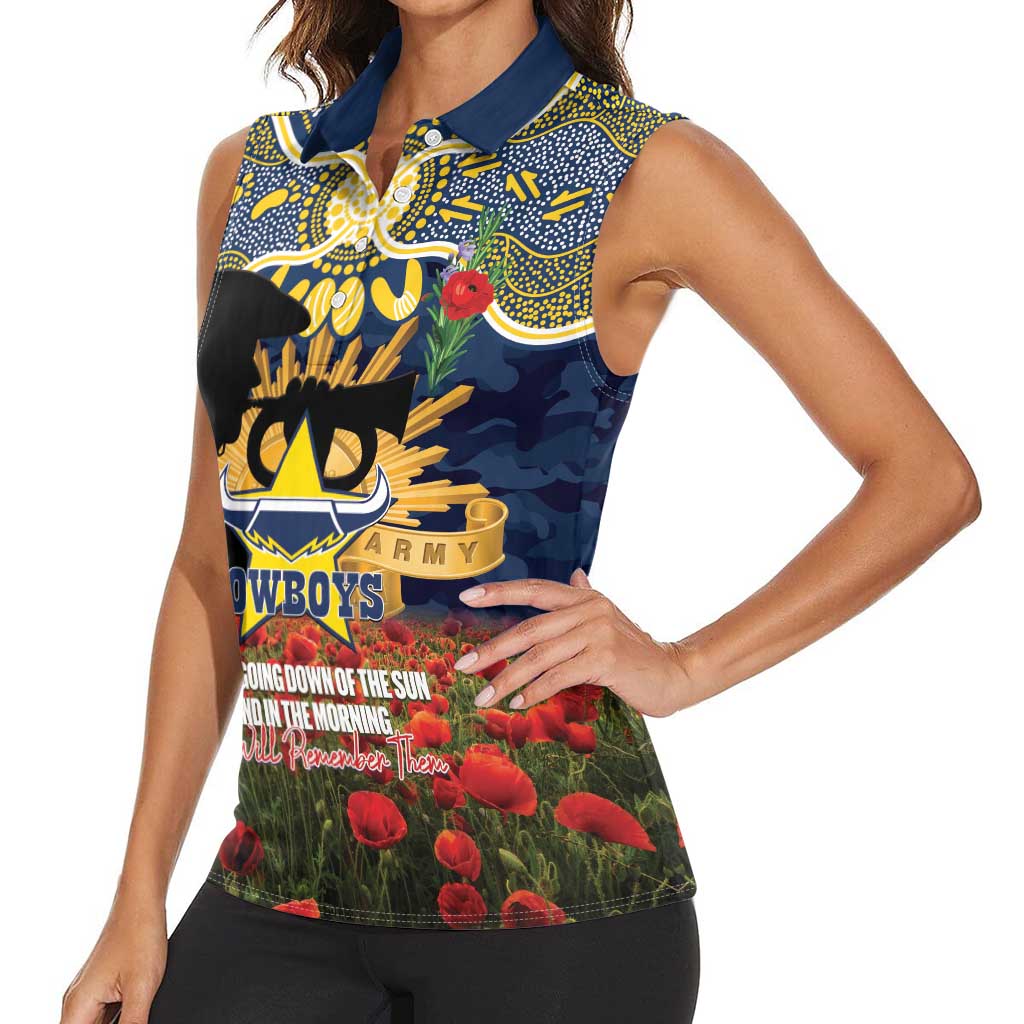 Personalised Cowboys Rugby ANZAC Day Women Sleeveless Polo Shirt Last Post Poppy We Will Remember Them