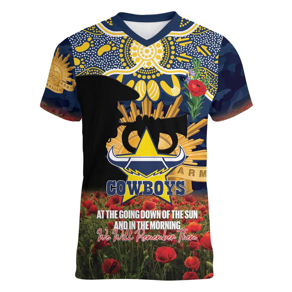 Personalised Cowboys Rugby ANZAC Day Women V-Neck T-Shirt Last Post Poppy We Will Remember Them