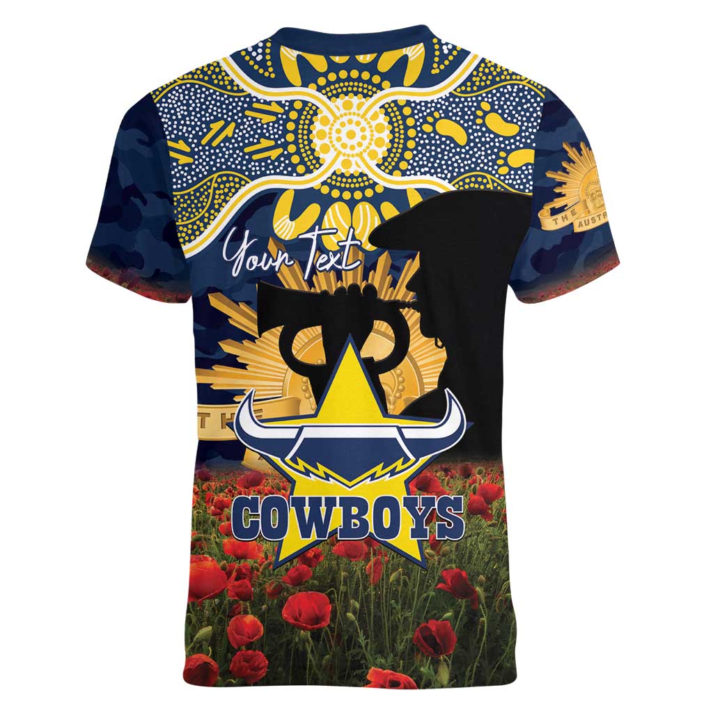 Personalised Cowboys Rugby ANZAC Day Women V-Neck T-Shirt Last Post Poppy We Will Remember Them