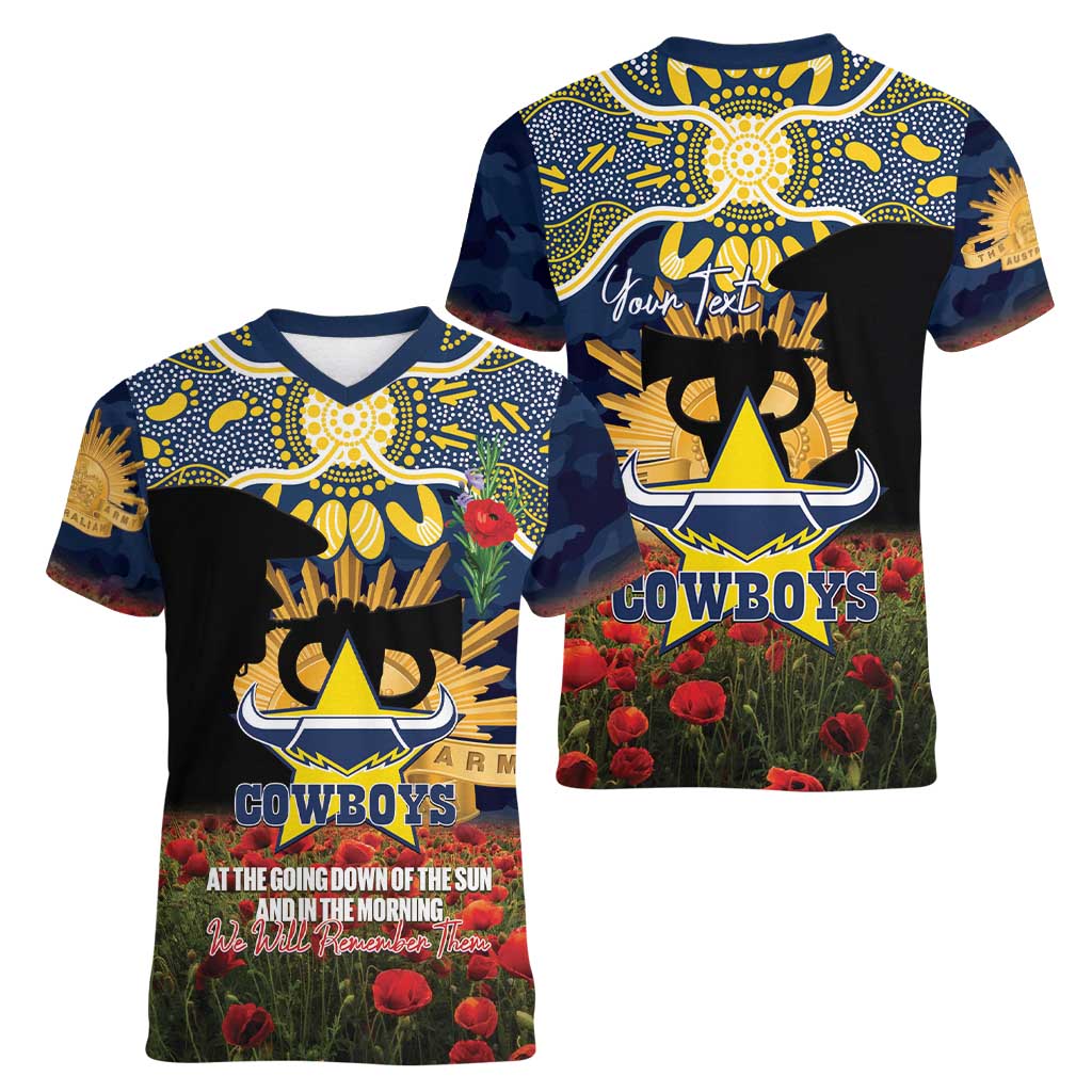 Personalised Cowboys Rugby ANZAC Day Women V-Neck T-Shirt Last Post Poppy We Will Remember Them