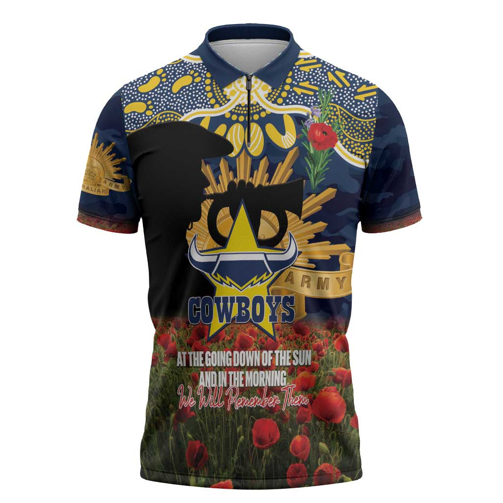 Personalised Cowboys Rugby ANZAC Day Zipper Polo Shirt Last Post Poppy We Will Remember Them