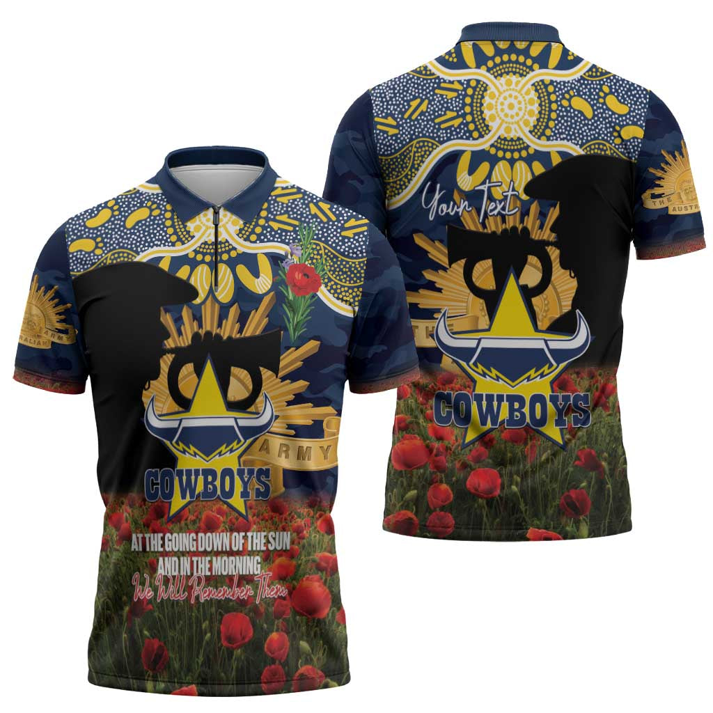 Personalised Cowboys Rugby ANZAC Day Zipper Polo Shirt Last Post Poppy We Will Remember Them