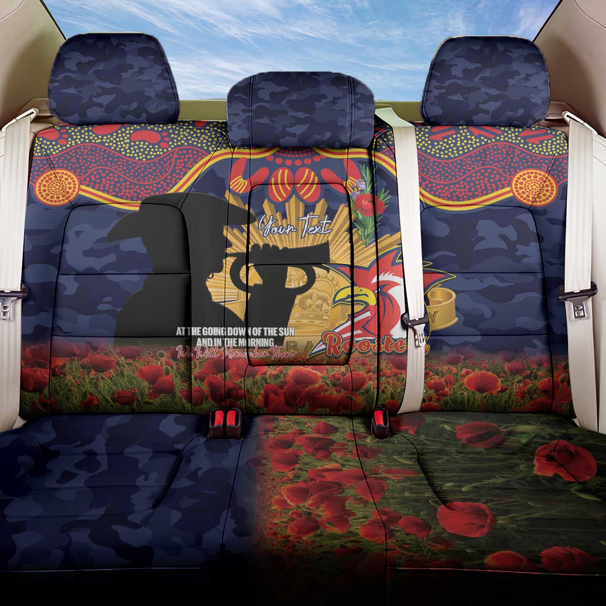 Personalised Roosters Rugby ANZAC Day Back Car Seat Cover Last Post Poppy We Will Remember Them