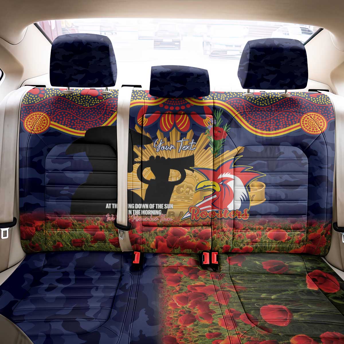 Personalised Roosters Rugby ANZAC Day Back Car Seat Cover Last Post Poppy We Will Remember Them