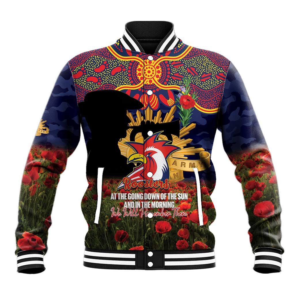 Personalised Roosters Rugby ANZAC Day Baseball Jacket Last Post Poppy We Will Remember Them