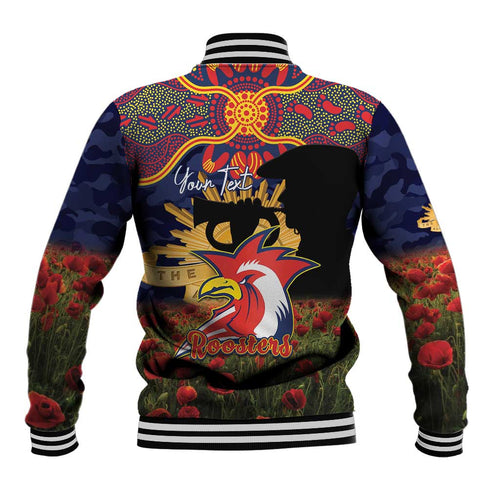 Personalised Roosters Rugby ANZAC Day Baseball Jacket Last Post Poppy We Will Remember Them