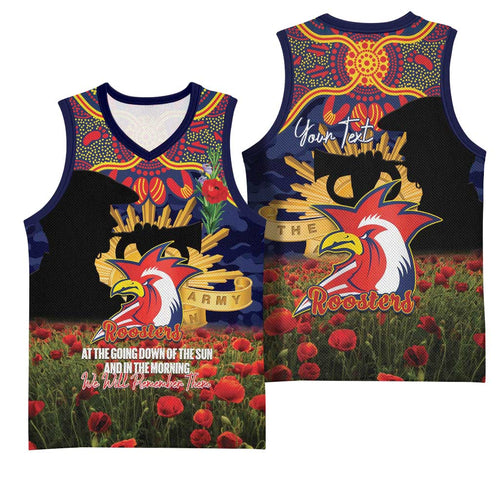 Personalised Roosters Rugby ANZAC Day Basketball Jersey Last Post Poppy We Will Remember Them