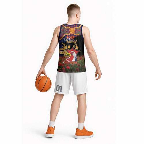 Personalised Roosters Rugby ANZAC Day Basketball Jersey Last Post Poppy We Will Remember Them