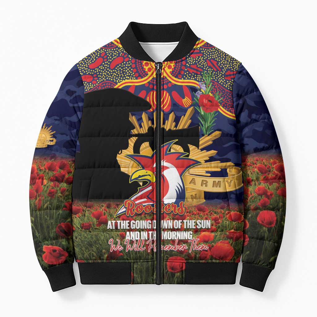 Personalised Roosters Rugby ANZAC Day Bomber Puffer Jacket Last Post Poppy We Will Remember Them