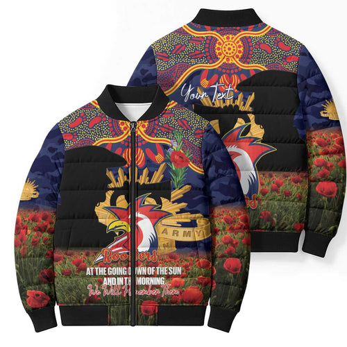 Personalised Roosters Rugby ANZAC Day Bomber Puffer Jacket Last Post Poppy We Will Remember Them