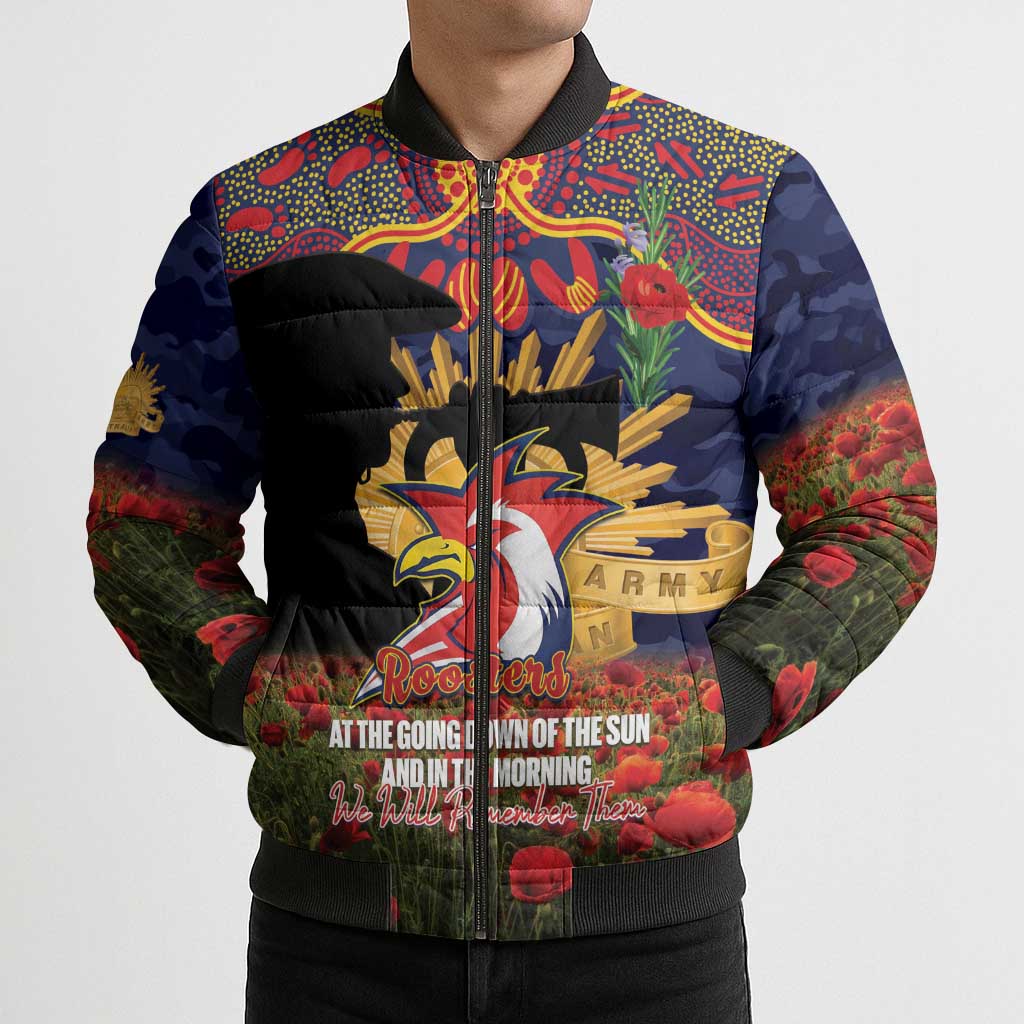 Personalised Roosters Rugby ANZAC Day Bomber Puffer Jacket Last Post Poppy We Will Remember Them