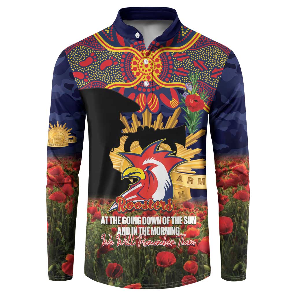 Personalised Roosters Rugby ANZAC Day Button Sweatshirt Last Post Poppy We Will Remember Them