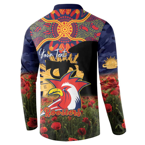 Personalised Roosters Rugby ANZAC Day Button Sweatshirt Last Post Poppy We Will Remember Them