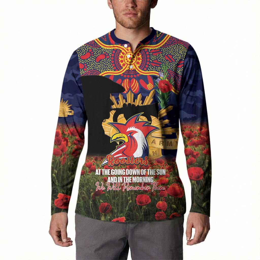 Personalised Roosters Rugby ANZAC Day Button Sweatshirt Last Post Poppy We Will Remember Them
