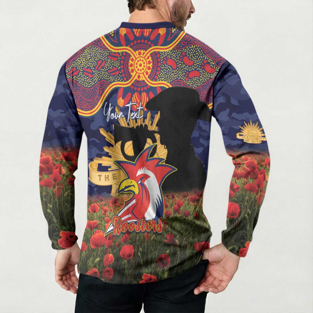 Personalised Roosters Rugby ANZAC Day Button Sweatshirt Last Post Poppy We Will Remember Them