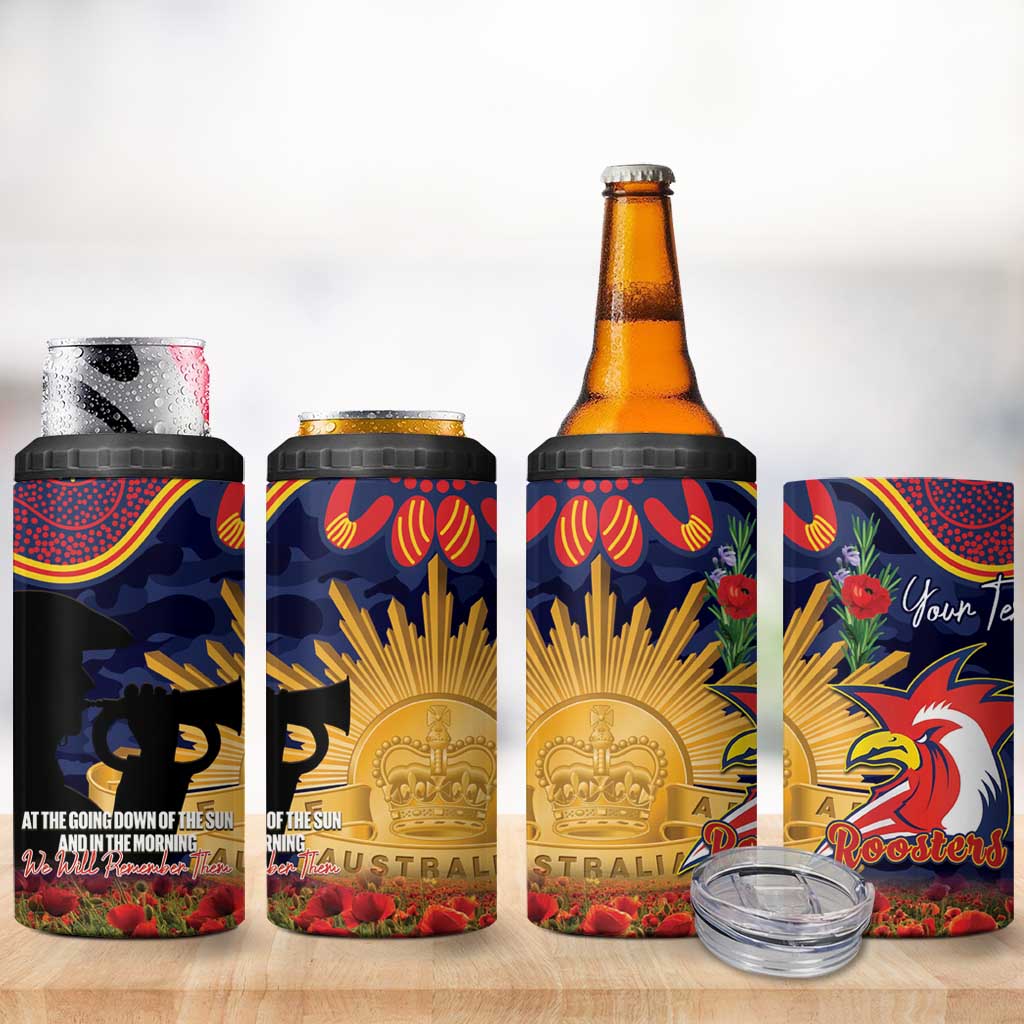 Personalised Roosters Rugby ANZAC Day 4 in 1 Can Cooler Tumbler Last Post Poppy We Will Remember Them