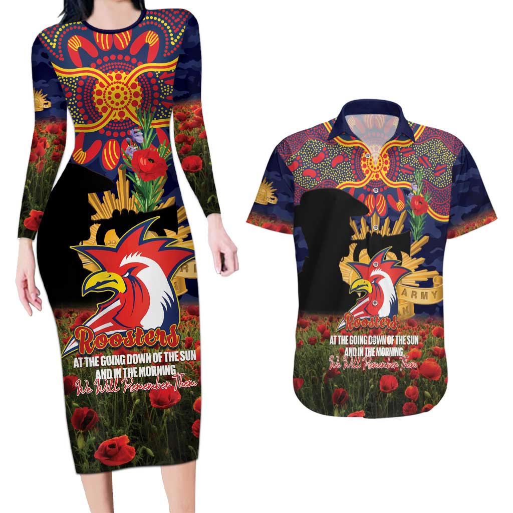 Personalised Roosters Rugby ANZAC Day Couples Matching Long Sleeve Bodycon Dress and Hawaiian Shirt Last Post Poppy We Will Remember Them