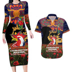 Personalised Roosters Rugby ANZAC Day Couples Matching Long Sleeve Bodycon Dress and Hawaiian Shirt Last Post Poppy We Will Remember Them