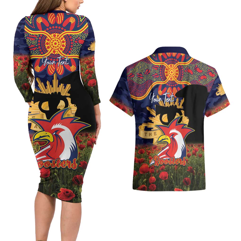 Personalised Roosters Rugby ANZAC Day Couples Matching Long Sleeve Bodycon Dress and Hawaiian Shirt Last Post Poppy We Will Remember Them