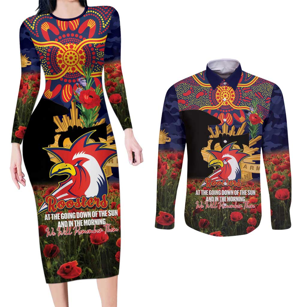 Personalised Roosters Rugby ANZAC Day Couples Matching Long Sleeve Bodycon Dress and Long Sleeve Button Shirt Last Post Poppy We Will Remember Them
