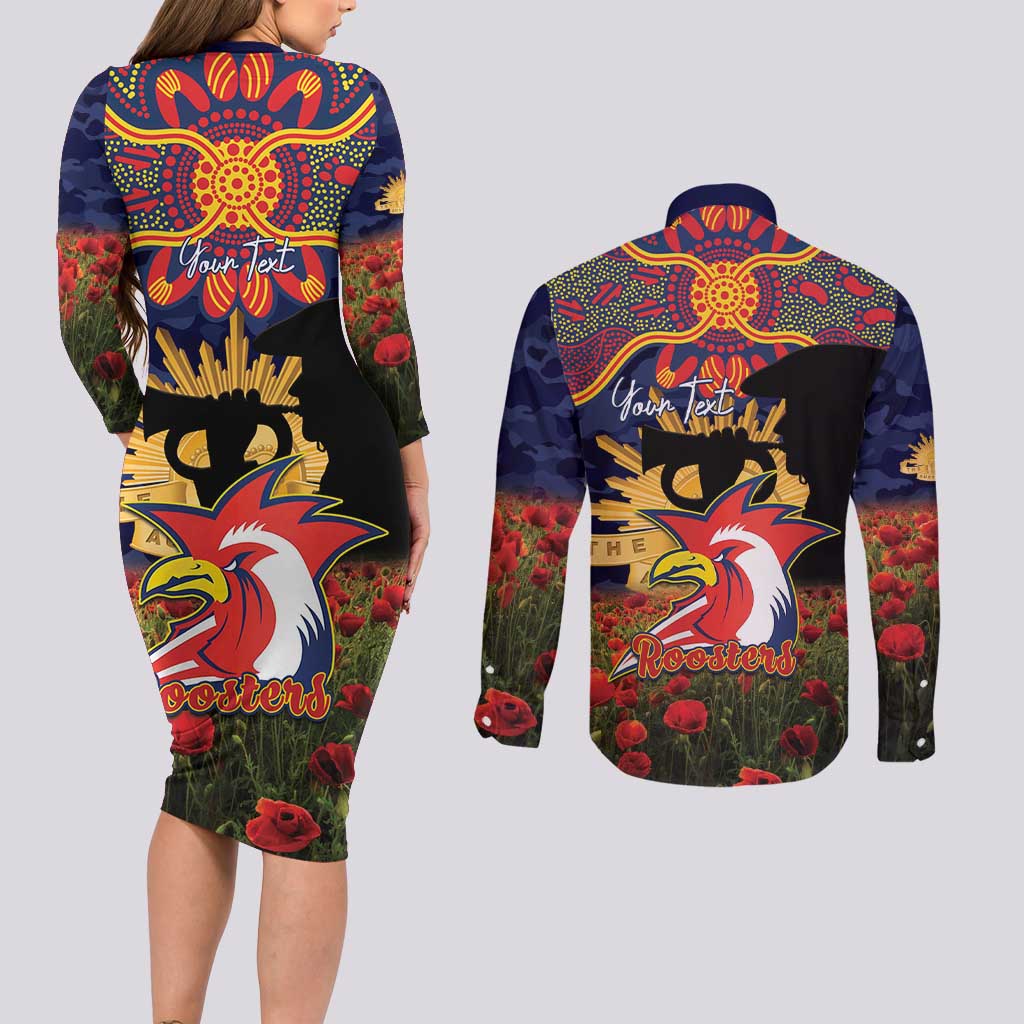 Personalised Roosters Rugby ANZAC Day Couples Matching Long Sleeve Bodycon Dress and Long Sleeve Button Shirt Last Post Poppy We Will Remember Them