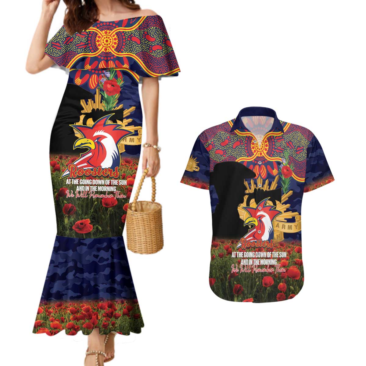Personalised Roosters Rugby ANZAC Day Couples Matching Mermaid Dress and Hawaiian Shirt Last Post Poppy We Will Remember Them