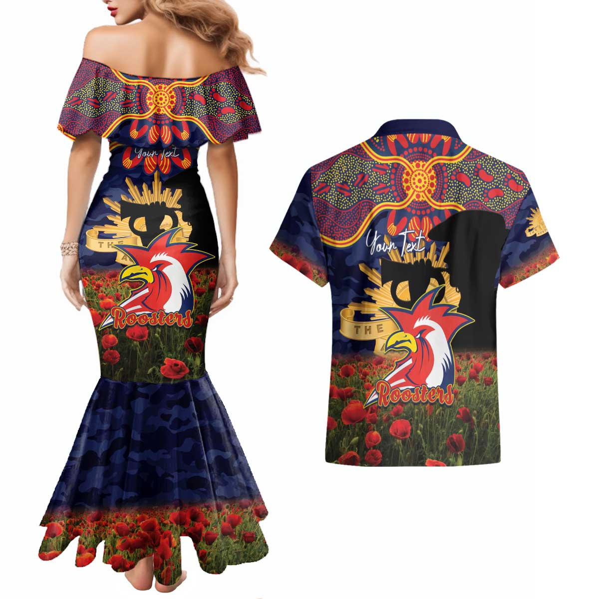 Personalised Roosters Rugby ANZAC Day Couples Matching Mermaid Dress and Hawaiian Shirt Last Post Poppy We Will Remember Them