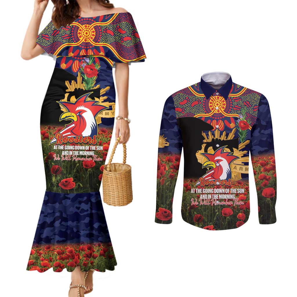 Personalised Roosters Rugby ANZAC Day Couples Matching Mermaid Dress and Long Sleeve Button Shirt Last Post Poppy We Will Remember Them