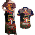 Personalised Roosters Rugby ANZAC Day Couples Matching Off Shoulder Maxi Dress and Hawaiian Shirt Last Post Poppy We Will Remember Them