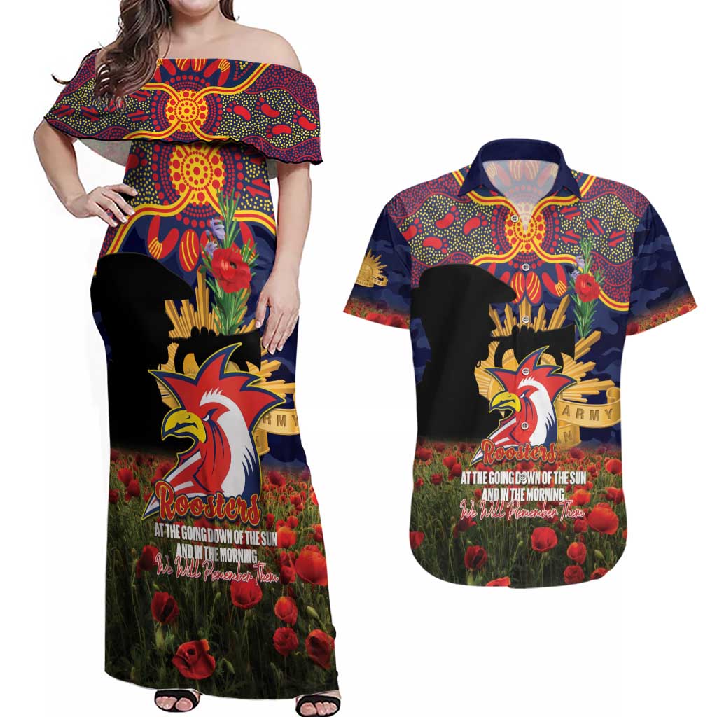 Personalised Roosters Rugby ANZAC Day Couples Matching Off Shoulder Maxi Dress and Hawaiian Shirt Last Post Poppy We Will Remember Them