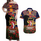 Personalised Roosters Rugby ANZAC Day Couples Matching Off Shoulder Maxi Dress and Hawaiian Shirt Last Post Poppy We Will Remember Them