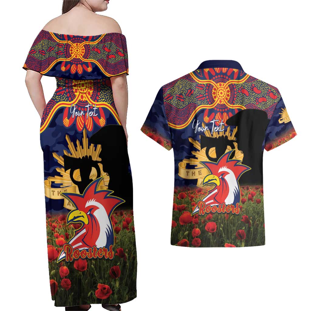 Personalised Roosters Rugby ANZAC Day Couples Matching Off Shoulder Maxi Dress and Hawaiian Shirt Last Post Poppy We Will Remember Them