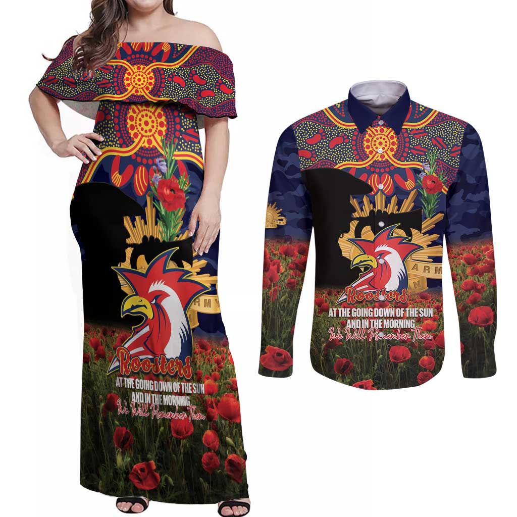 Personalised Roosters Rugby ANZAC Day Couples Matching Off Shoulder Maxi Dress and Long Sleeve Button Shirt Last Post Poppy We Will Remember Them